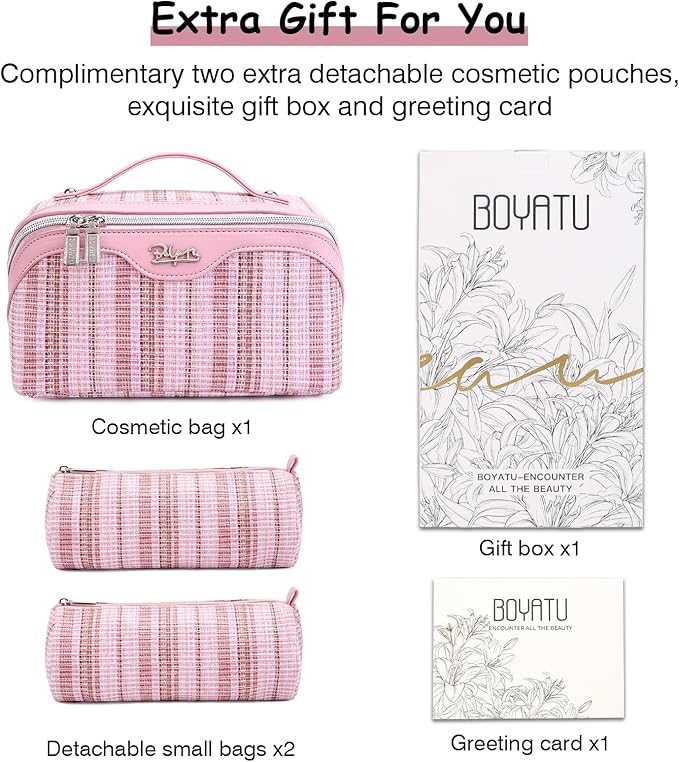 BOYATU Travel Makeup Bag for Women: Large Capacity Open Flat Make up Bag Set of 3 - Vegan Leather Cosmetic Bag with Compartments - Waterproof Toiletry Bag with Handle & Divider(I-1-Pink)