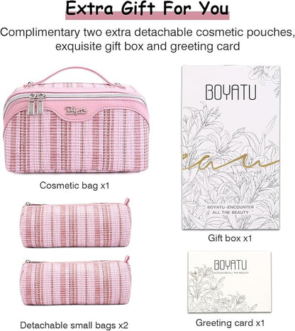 BOYATU Travel Makeup Bag for Women: Large Capacity Open Flat Make up Bag Set of 3 - Vegan Leather Cosmetic Bag with Compartments - Waterproof Toiletry Bag with Handle & Divider(I-1-Pink)
