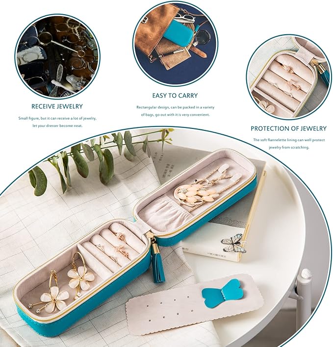 BONNY DODO Small Travel Jewelry Organizers Box for women with PU Leather Portable Mini Jewelry Case with compartments for Necklace Rings Earrings,Luxury Giftable boxes. (Blue green, S)