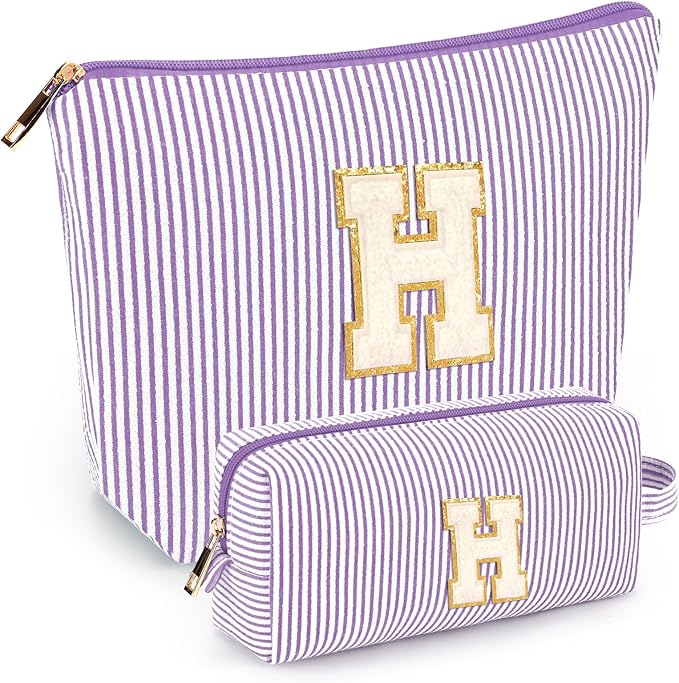 2 PCS Initial Makeup Bags for Women: Cosmetic Bag for Travel Toiletry - Birthday Gifts for 11 12 13 14 15 16 17 18 Years Old Girl Graduation Teacher Gift- Teen Girl Gifts Trendy Stuff - Purple H