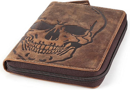 Passport Wallet - Travel Document Holder w/RFID Blocking – Full Grain Leather – Bifold compact zip around Wallet with Credit Card Slots for Women and Men, brown skull,500-31