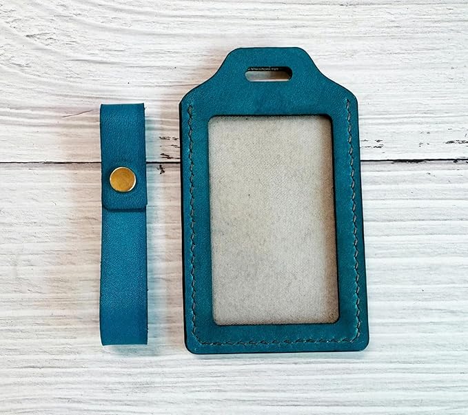 Mayan Corner - Handcrafted Leather Luggage Tag, Fox Design, Blue, ID Window, Brass Hardware, 4.3 x 2.7 inches