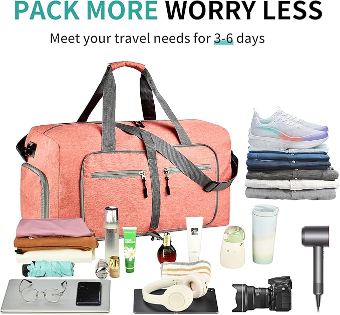 Dimayar 85L Travel Duffle Bag for Men Women - Foldable Duffel Bag with Shoes Compartment - Overnight Bags Waterproof & Tear Resistant(Orange)