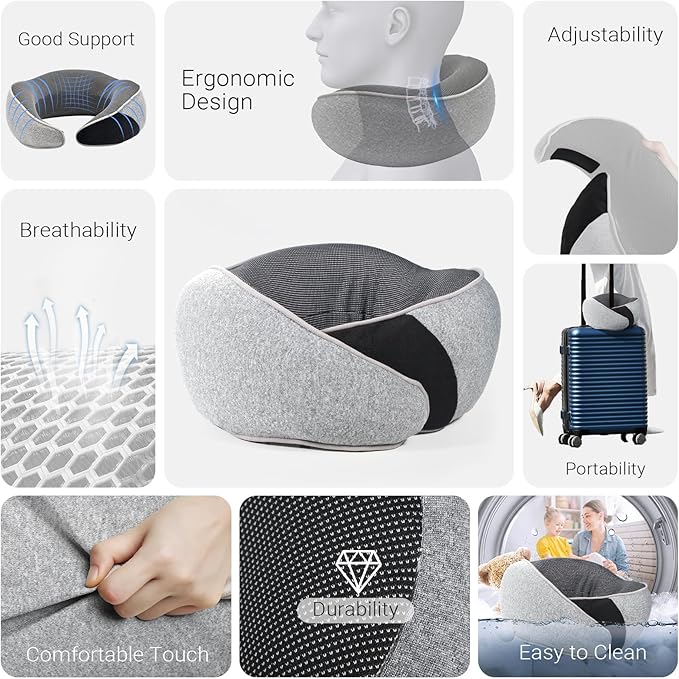 Cozi Neck Pillow for Traveling,Adjustable Travel Neck Pillow Airplane 100% Pure Memory Foam Travel Pillow with Inflatable Travel Pillows for Sleeping Long Flight Portable Plane Accessories Light Gray