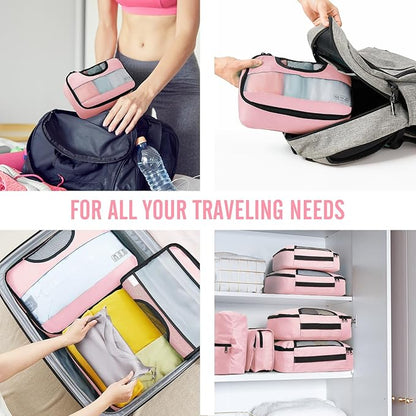 Veken 8 Set Packing Cubes for Travel Essentials, Pink Suitcase Organizer Bags in 4 Sizes, Carry-On Luggage Accessories with Large Laundry & Hanging Toiletry Bag, Must-Have for Airplane, Road Trip
