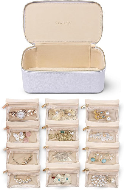 Vlando Jewelry Box with 12 Velvet Jewelry Bags Travel Jewelry Case for Girls Jewelry Organizers Necklace Rings Earrings Storage Bags Christmas Gifts Bridal Shower Gifts-Purple