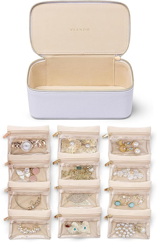 Vlando Jewelry Box with 12 Velvet Jewelry Bags Travel Jewelry Case for Girls Jewelry Organizers Necklace Rings Earrings Storage Bags Christmas Gifts Bridal Shower Gifts-Purple