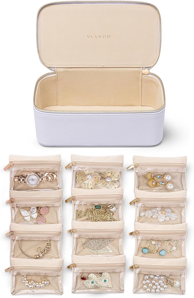 Vlando Jewelry Box with 12 Velvet Jewelry Bags Travel Jewelry Case for Girls Jewelry Organizers Necklace Rings Earrings Storage Bags Christmas Gifts Bridal Shower Gifts-Purple