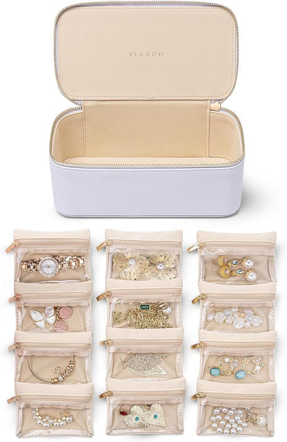 Vlando Jewelry Box with 12 Velvet Jewelry Bags Travel Jewelry Case for Girls Jewelry Organizers Necklace Rings Earrings Storage Bags Christmas Gifts Bridal Shower Gifts-Purple