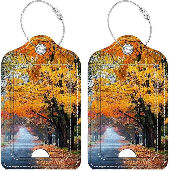 Funny PU Leather Luggage Tags 2-Pack Suitable for Suitcase Stainless Steel Loop and Address Card Essential with Cruise and Airport Travel Fallen Leaves in Autumn Cute Pattern
