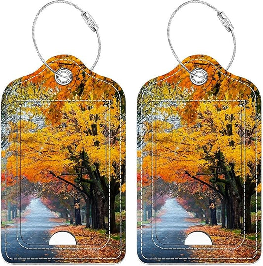 Funny PU Leather Luggage Tags 2-Pack Suitable for Suitcase Stainless Steel Loop and Address Card Essential with Cruise and Airport Travel Fallen Leaves in Autumn Cute Pattern