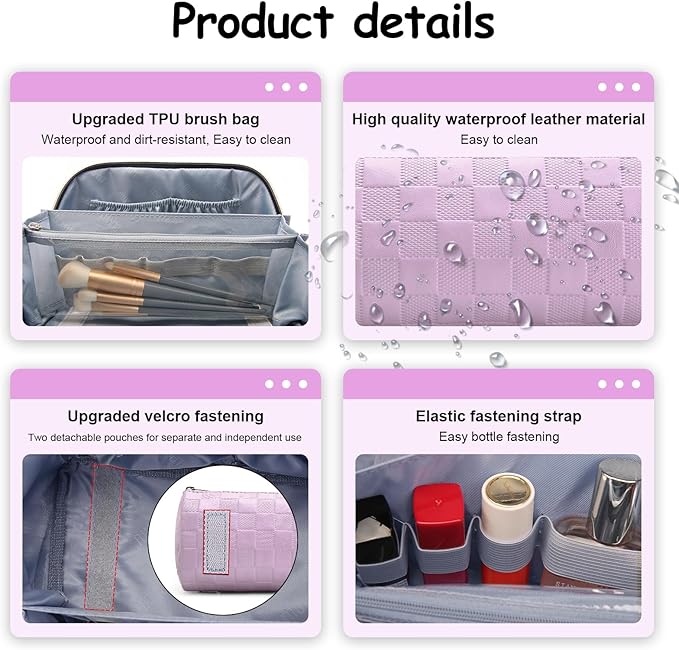BOYATU Travel Makeup Bag Organizer Cosmetic Bag: 3 Pcs Set Make up Bags for Women with Handle - Waterproof Vegan Leather Toiletry Bags Travel Essentials Pouch with Compartments (02-Purple)