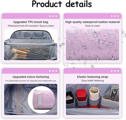 BOYATU Travel Makeup Bag Organizer Cosmetic Bag: 3 Pcs Set Make up Bags for Women with Handle - Waterproof Vegan Leather Toiletry Bags Travel Essentials Pouch with Compartments (02-Purple)
