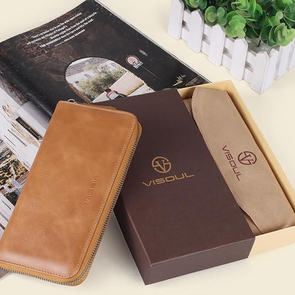 VISOUL Leather Long Zipper Pouch Wallet for Men and Women with RFID Blocking, Large Clutch Cash Long Wallet with Zipper (Tan)