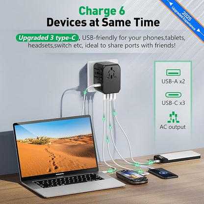 Universal Travel Adapter International Plug - European Travel Plug Adapter Worldwide US AUS EU UK Spain Germany Ireland Italy - All-in-one Travel Outlet Power Adapter with 3 USB C 2 USB A