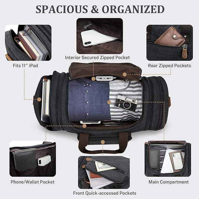 Gonex Canvas Duffle Bag for Travel 50L Expandable Duffel Weekend Overnight Bag men (Dark Gray)