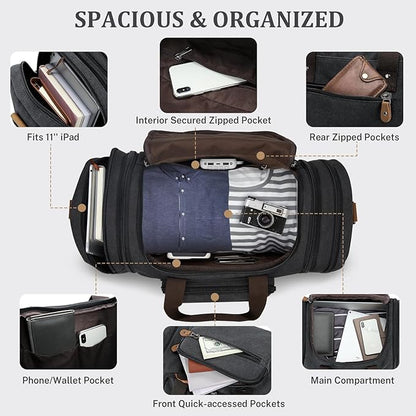 Gonex Canvas Duffle Bag for Travel 50L Expandable Duffel Weekend Overnight Bag men (Dark Gray)