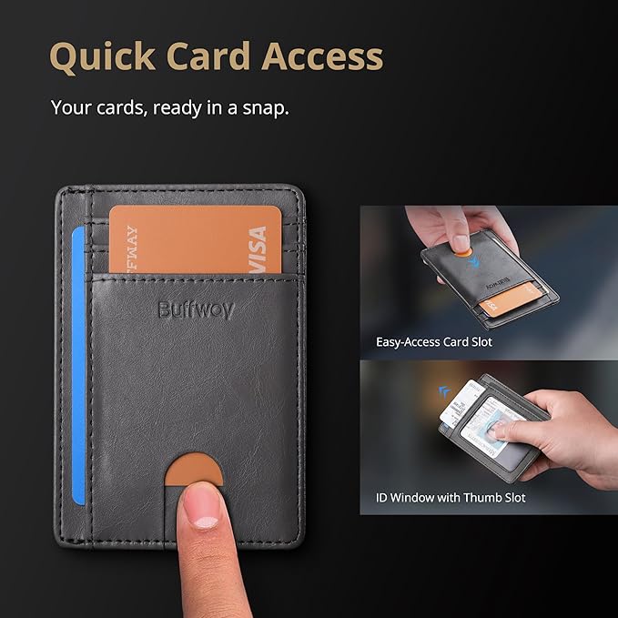 Buffway Slim Minimalist Front Pocket RFID Blocking Leather Wallets for Men and Women - Alaska Grey