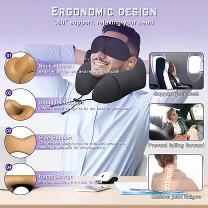 Neck Travel Pillow, Upgraded Memory Foam Pillow for Airplane, Machine Washable, Adjustable Flight Pillow, Suitable for Sleeping Airplane, Car, Office and Home (Black)