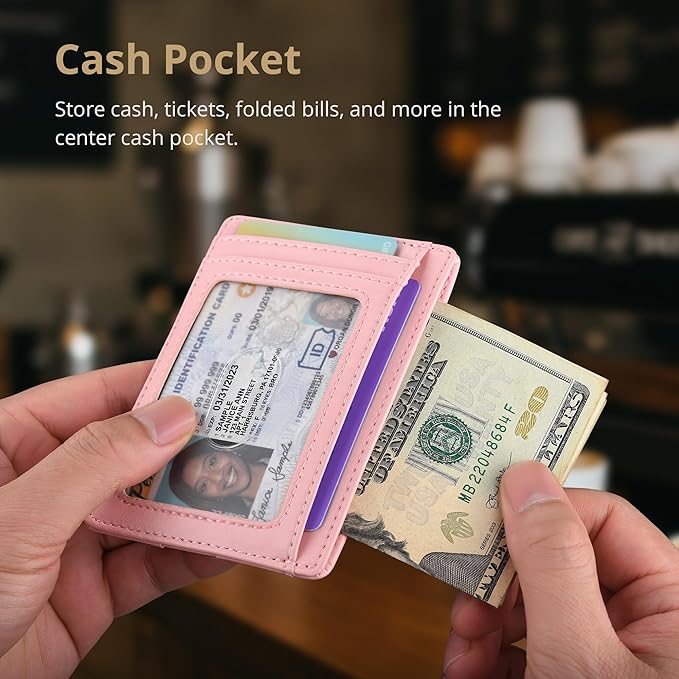 Buffway Slim Minimalist Front Pocket RFID Blocking Leather Wallets for Men and Women - Alaska Pink