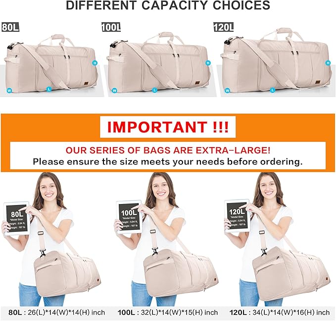 100L Travel Duffle Bag for Men and Women, Urtala 32” Large Duffle Bag for Traveling with Shoe Compartment, Foldable Duffel Bag Water & Tear Resistant (Beige)