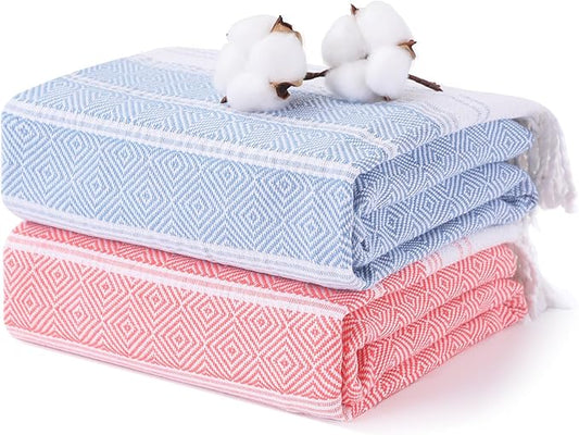 2 Packs Cotton Turkish Beach Towels Quick Dry Sand Free Soft Absorbent Extra Large Xl Big Blanket Adult Oversized Bath Pool Swim Towel Thin Lightweight Sandless Fast Drying Compact No Sand Packable