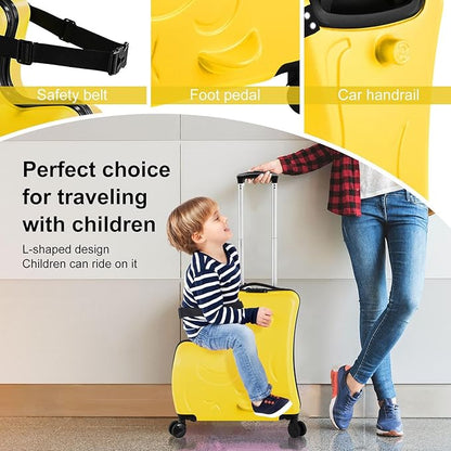 20 Inch Kid Ride Suitcase, Kid Travel Trolley With Safety Belt, Kids Luggage Seat Ride With Lock, Luggage For Kids Airplane Travel,Suitcase To Aged 1-6 Years Old, ABS+PC (Yellow)