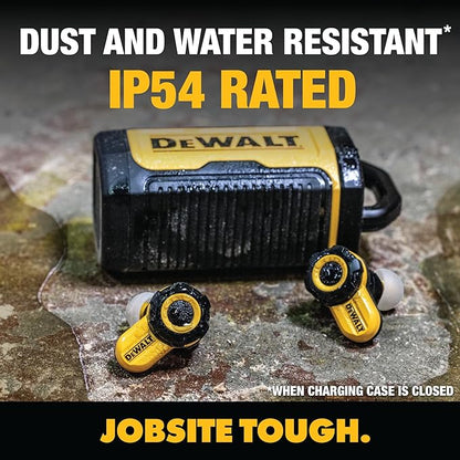 DEWALT Heavy Duty Bluetooth Jobsite Pro X2 ANC True Wireless Earbuds, Active Noise Cancelling Work Earbuds, Turn Dial Controls, 10Hr Runtime (40+ w/Case), 4 EQ Modes, IP54