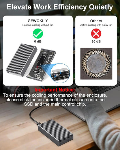 Noiseless 40Gbps M.2 NVMe Enclosure, USB C Aluminum External SSD Enclosure Compatible Thunderbolt4/3 8TB SSD Adapter, PCIe Gen4 M.2 SSD Reader Fits 2280/2260/2242/2230mm M B+M Key
