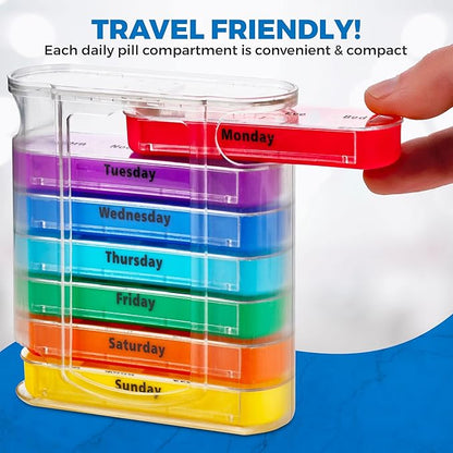 Weekly Pill Organizers with Pill Cutter - V-Grip Pill Splitter (Pack of 2) Stackable Pill, Medicine, Vitamin Organizer with 4 Times-a-Day Daily Compartments, 2 Dispensers with Stackable AM/PM Boxes