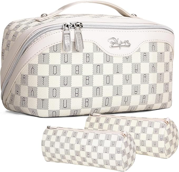 BOYATU Travel Makeup Bag Cosmetic Bags for Women: 3 Pcs Set Portable Make up Bag with Handle - Vegan Leather Toiletry Bags with Compartments - Makeup Organizer for Travel Essentials (C-3-White)