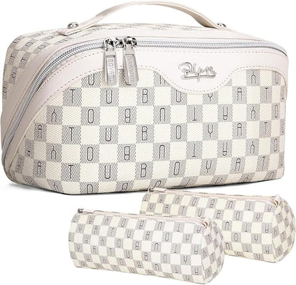 BOYATU Travel Makeup Bag Cosmetic Bags for Women: 3 Pcs Set Portable Make up Bag with Handle - Vegan Leather Toiletry Bags with Compartments - Makeup Organizer for Travel Essentials (C-3-White)