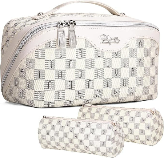 BOYATU Travel Makeup Bag Cosmetic Bags for Women: 3 Pcs Set Portable Make up Bag with Handle - Vegan Leather Toiletry Bags with Compartments - Makeup Organizer for Travel Essentials (C-3-White)