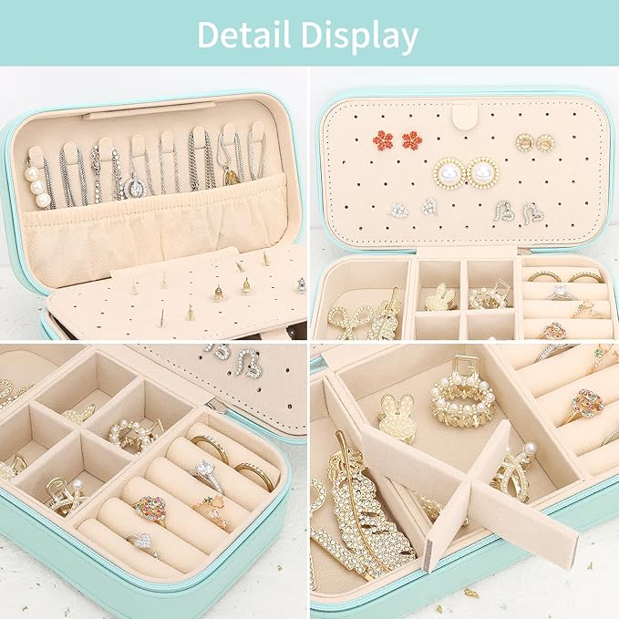 DesignSter Travel Jewelry Box, PU Leather Portable Jewelry Case, Small Jewelry Boxes for Gifts, Travel Jewelry Organizer for Women Rings Earrings Necklaces Bracelets (Mint Green)