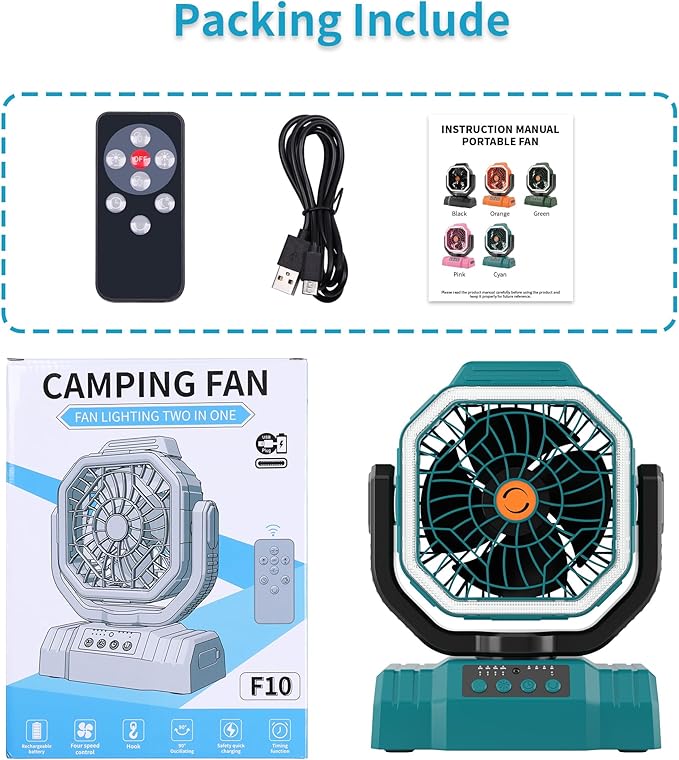 AVV 20000mAh High Speed Portable Camping Rechargeable Fan with Remote Control, Battery Powered with Auto Oscillating with Camping Essentials Accessories for Outdoor, Beach, Patio, Tent, Cyan