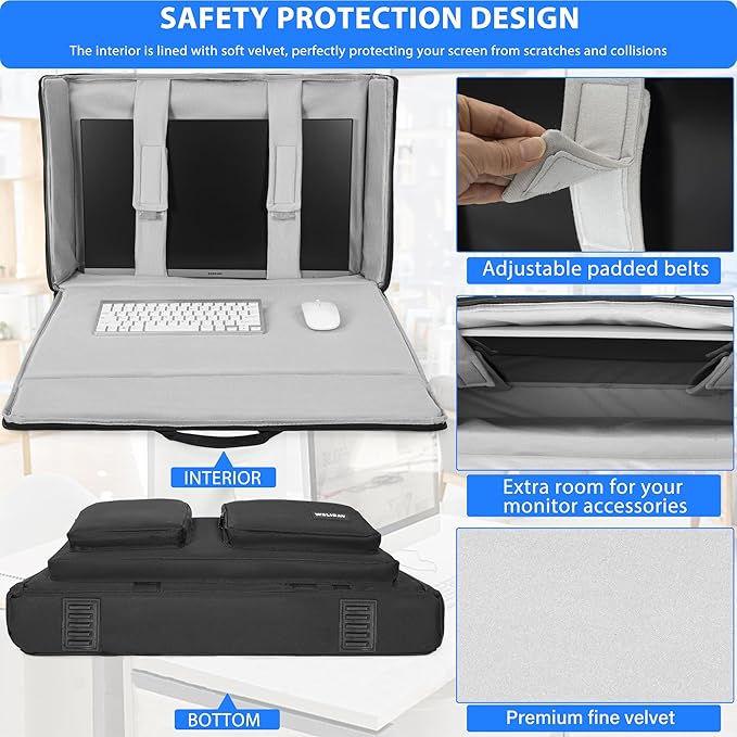 Monitor Carrying Case, Padded Monitor Travel Case, Multi-pocket Monitor Bag for Transporting Screens, Monitors and TVs