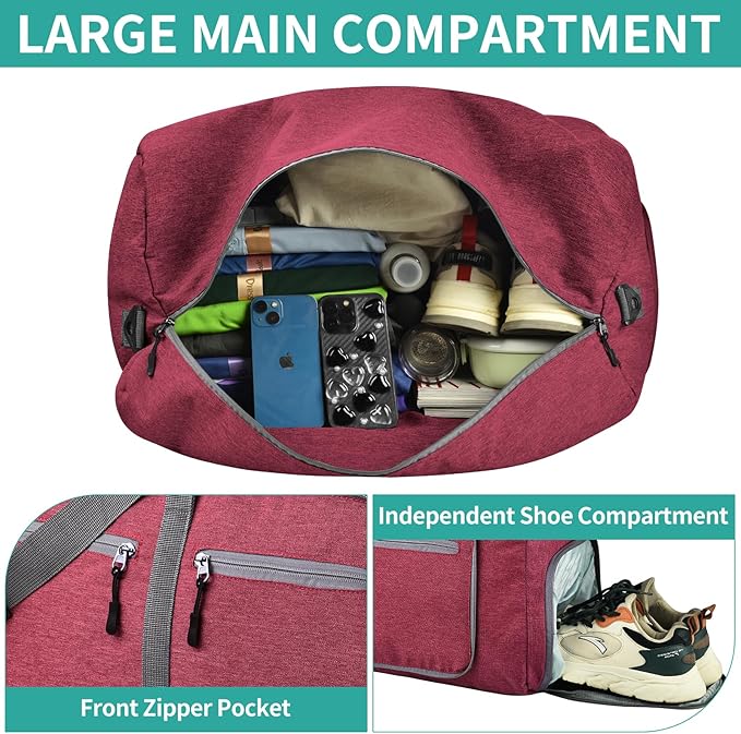 Dimayar 40L Travel Duffle Bag for Men Women - Foldable Duffel Bag with Shoes Compartment - Overnight Bags Waterproof & Tear Resistant(Red)