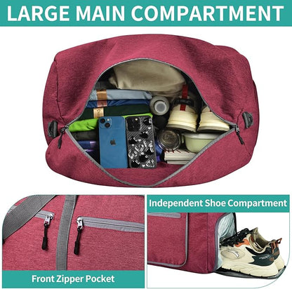 Dimayar 65L Travel Duffle Bag for Men Women - Foldable Duffel Bag with Shoes Compartment - Overnight Bags Waterproof & Tear Resistant(Red)