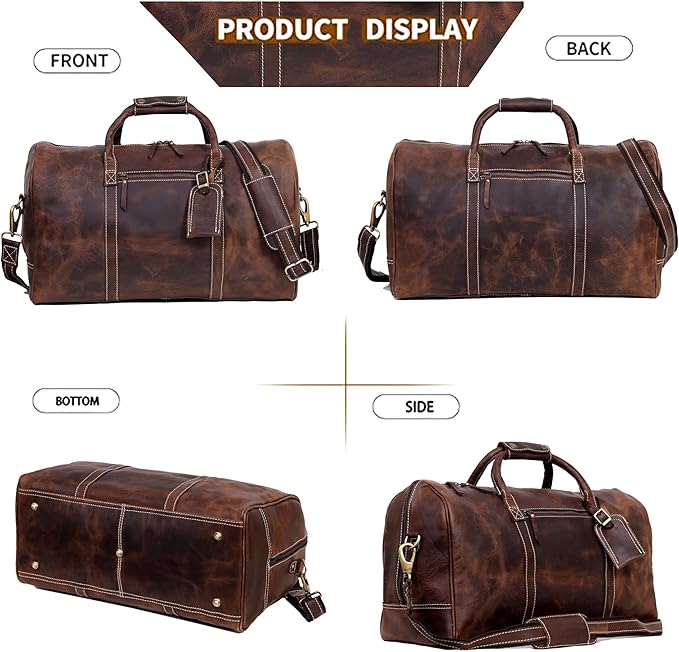 21 Inch Genuine Buffalo Leather Travel Duffle Bag | Overnight Weekend Leather Bag | Sports Gym Duffel for Men| Airplane Under Seat Carry on Bags (brown)