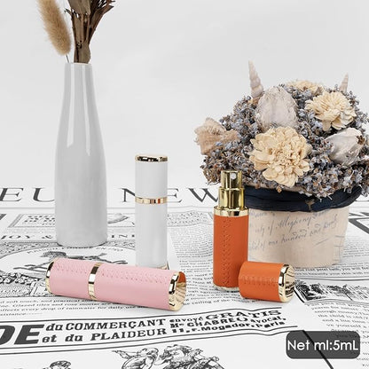 LUEXBOX 3 Pack Portable Perfume Bottle for Travel, Mini Refillable Perfume Dispenser, 5ml Faux Leather Leak Proof Perfume Atomizers Bottles Sprayer for Pocket Perfume (White, Pink, Orange)