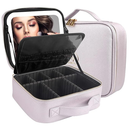 MOMIRA Travel Cosmetic Train Case with Lighted Mirror 3 Color Scenarios Cosmetic Bag Organizer with Adjustable Dividers Makeup Storage for Women, Makeup Accessories & Tools Case Violet Grey