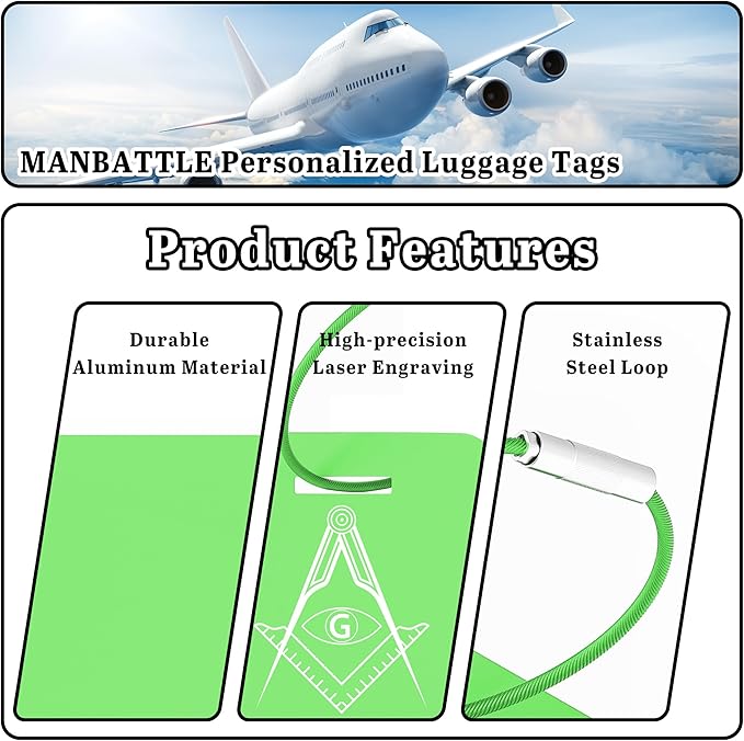 4 PCS Personalized Luggage Tags for Suitcases, Custom Aluminum Luggage Tags for Bags and Backpacks, Waterproof & Heavy Duty Personalized Metal Name Tags for Travel (Green)