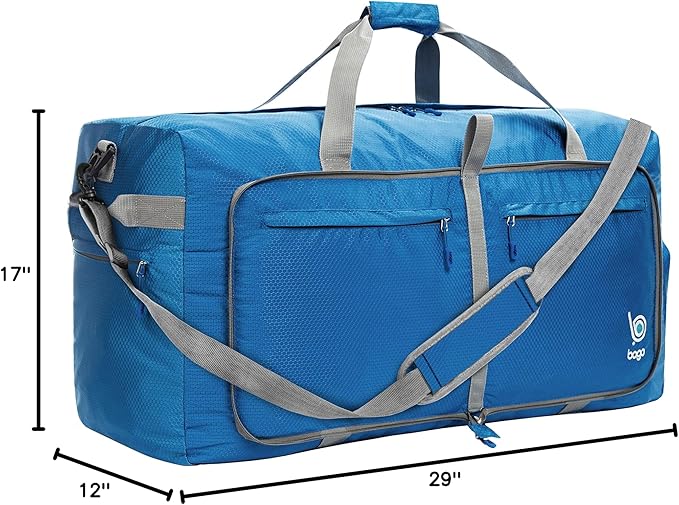 Bago Large Foldable Duffel Bags for Traveling Women & Men - 100L Packable Duffle Bag for Travel with Shoe Compartment - Water Repellant, Heavy Duty, Lightweight Folding & Collapsible (Blue)
