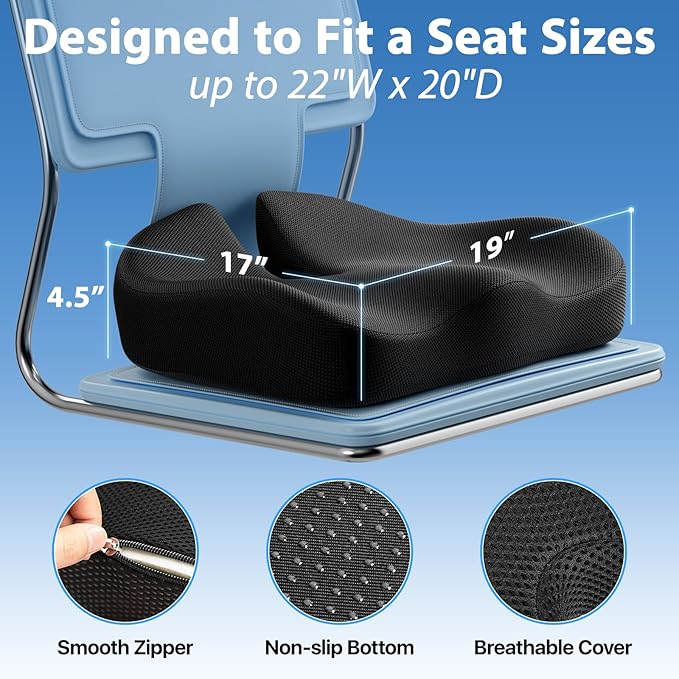 Seat Cushion, Extra Large Memory Foam Cushion for Office Chair Cushions, Ergonomic Cushions Pad Pillow for Pressure Relief Sciatica & Pain Relief for Long Sitting