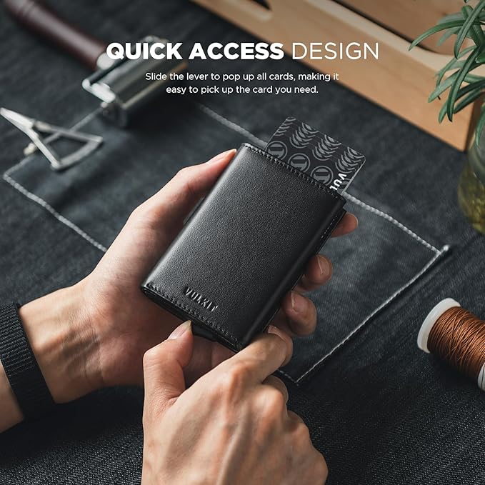 VULKIT Pop up Card Wallet Minimalist Cash Wallets RFID Blocking Leather Smart Credit Card Holder with ID window for Men