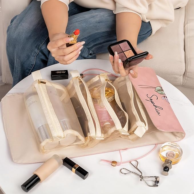 callie Personalized Makeup Bag - Custom Name & Birth Flower, Leather Cosmetic Organizer Make Up Bag, Birthday Christmas Travel Gifts for Women