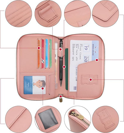 WASON Leather Zipper Travel Passport Wallet Holder RFID Blocking Cover, Passport case Pocket Slot for Card, Cash, ID, Boarding Pass and Ticket for Men, Women and Family Trips (Pink)