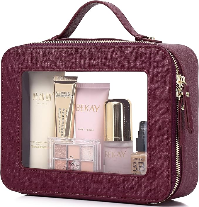 Pinkmik Clear Makeup Bag Waterproof Travel Case for Cosmetics and Toiletries Women's Makeup Organizer and Car Bag with Zipper (X/Burgundy, L)