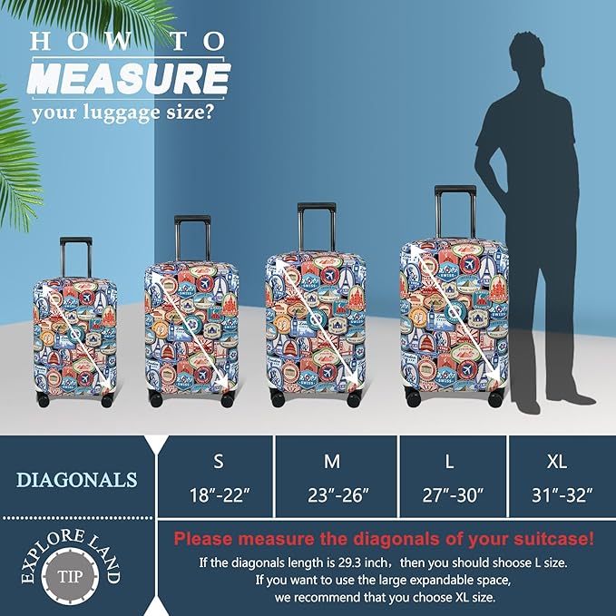 Explore Land Travel Luggage Cover Suitcase Protector Fits 27-30 Inch Case (Landmark Sticker, L)