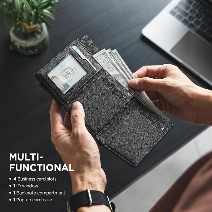 VULKIT Pop up Card Wallet Minimalist Cash Wallets RFID Blocking Leather Smart Credit Card Holder with ID window for Men